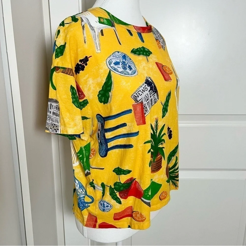 Zara Summer Patio Graphic Boxy Tee T-Shirt-Yellow Multicolor-Women Size Medium - Picture 3 of 11